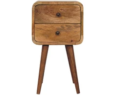 Artisan Furniture Kompaktiškas lenktas mango medienos naktinis staliukas su 2 stalčiais, ąžuolo atspalvio