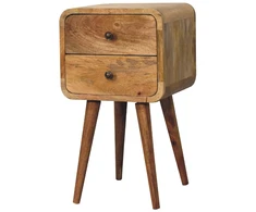 Artisan Furniture Kompaktiškas lenktas mango medienos naktinis staliukas su 2 stalčiais, ąžuolo atspalvio