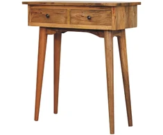 Artisan Furniture Kompaktiškas mango medienos konsolinis staliukas su 2 stalčiais, ąžuolo atspalvio