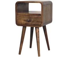 Artisan Furniture Kompaktiškas mango medienos naktinis staliukas su stalčiumi ir lentyna, pilkos apdailos
