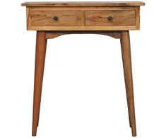 Artisan Furniture Kompaktiškas mango medienos konsolinis staliukas su 2 stalčiais, ąžuolo atspalvio