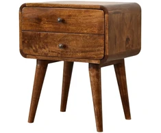 Artisan Furniture Lenktas mango medienos naktinis staliukas su 2 stalčiais, kaštono atspalvio