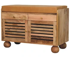 Artisan Furniture Mango medienos batų spintelė su žaliuzinėmis durelėmis ir 2 stalčiais, ąžuolo atspalvio