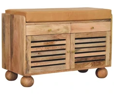 Artisan Furniture Mango medienos batų spintelė su žaliuzinėmis durelėmis ir 2 stalčiais, ąžuolo atspalvio