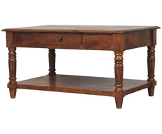 Artisan Furniture Mango medienos kavos staliukas su tekintomis kojelėmis ir 2 stalčiais, kaštono atspalvio