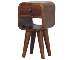 Artisan Furniture Itin kompaktiškas žemas lenktas mango medienos naktinis staliukas, kaštono atspalvio