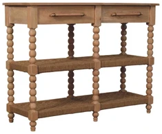 Artisan Furniture Savoy konsolinis staliukas su verpstės formos kojelėmis ir džiuto lentynomis