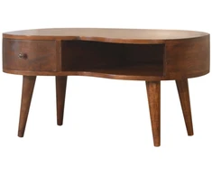 Artisan Furniture Wave mango medienos kavos staliukas su stalčiumi ir lentyna, kaštono atspalvio