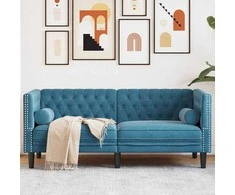 Dvivietė chesterfield sofa su pagalvėlėmis, mėlyna, aksomas