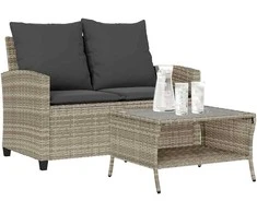 Dvivietė sodo sofa su pagalvėlėmis ir staliuku, šviesiai pilka