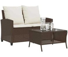 Dvivietė sodo sofa su pagalvėlėmis ir staliuku, rudos spalvos