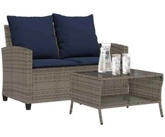 Dvivietė sodo sofa su pagalvėlėmis ir staliuku, pilkos spalvos