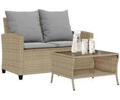 Dvivietė sodo sofa su staliuku ir pagalvėlėmis, smėlio spalvos