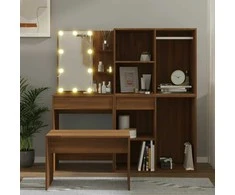 Kosmetinio staliuko komplektas su LED, rudas ąžuolo, mediena