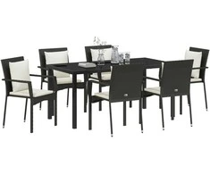 Lauko baldų komplektas Sodo valgomojo komplektas su pagalve 7 pcs Juoda poliratanas
