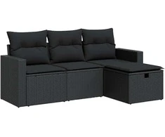 Sofa Sodo komplektas su pagalvėlėmis, 4 dalių, juodas, poliratanas