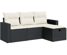 Sofa Sodo komplektas su pagalvėlėmis, 4 dalių, juodas, poliratanas