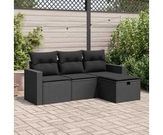 Sofa Sodo komplektas su pagalvėlėmis, 4 dalių, juodas, poliratanas