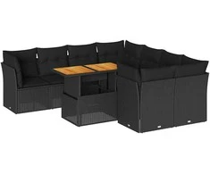 Sofa Sodo komplektas su pagalvėlėmis, 9 dalių, juodas, poliratanas