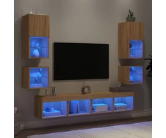Sieninė TV sekcija su LED, 8 dalių, ąžuolo, apdirbta mediena