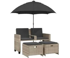 sodo sofa 2-vietė su skėčiu ir kėdėmis šviesiai pilkos spalvos