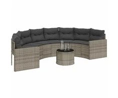 Sodo sofa su stalu/pagalvėlėmis, pilka, poliratanas, pusapvalis