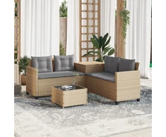 Sodo sofa su stalu/pagalvėlėmis, smėlio, poliratanas, L formos