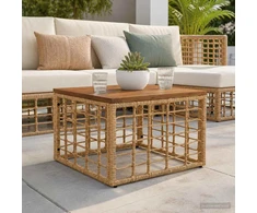 Sodo stalas Natūrali 55 x 55 x 37 cm PE Rattan ir Stiklas