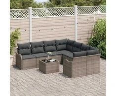 Sodo Sofų Rinkinys 9 pcs Pilka Poli Ratanas, Plienas ir Stiklas