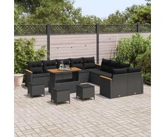 Sodo Sofų Rinkinys su pagalve 14 pcs Juoda poliratanas