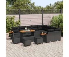 Sodo Sofų Rinkinys su pagalve 14 pcs Juoda poliratanas