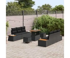 Sodo Sofų Rinkinys su pagalve 9 pcs Juoda Poli ratanas