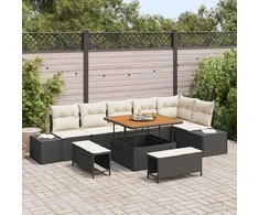 Sodo Sofų Rinkinys su pagalve 9 pcs Juoda Poli ratanas