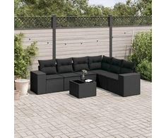 Sofa Sofos komplektas su pagalvėlėmis, 7 dalių, juodas, poliratanas