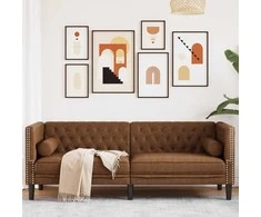 Trivietė chesterfield sofa su pagalvėlėmis, ruda, dirbtinė oda