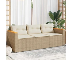 Trivietė sodo sofa su pagalvėlėmis, smėlio spalvos, poliratanas