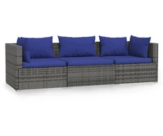 Trivietė sofa su pagalvėlėmis, pilkos spalvos, poliratanas