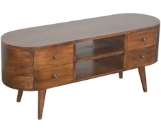 TV staliukas Artisan Furniture Apvalintų formų mango medienos TV spintelė su 4 stalčiais, kaštono atspalvio
