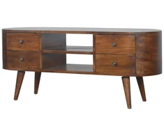 TV staliukas Artisan Furniture Apvalintų formų mango medienos TV spintelė su 4 stalčiais, kaštono atspalvio