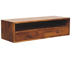 TV staliukas Artisan Furniture Lunar prie sienos montuojama mango medienos TV spintelė su 2 stalčiais, kaštono atspalvio
