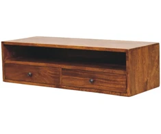 TV staliukas Artisan Furniture Lunar prie sienos montuojama mango medienos TV spintelė su 2 stalčiais, kaštono atspalvio