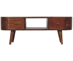 TV staliukas Artisan Furniture Apvalintų formų mango medienos TV spintelė su 2 stalčiais ir lentyna, kaštono atspalvio