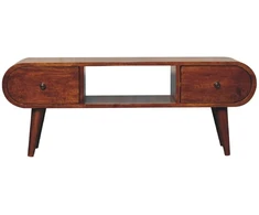 TV staliukas Artisan Furniture Apvalintų formų mango medienos TV spintelė su 2 stalčiais ir lentyna, kaštono atspalvio