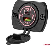 Amio Vandeniui atsparus telefono įkroviklis su skaitmeniniu voltmetru USB + USB C 12/24V MOD-07