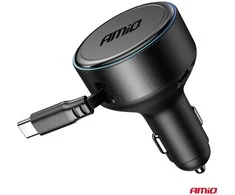 Automobilinis įkroviklis su ištraukiamu C kabeliu ir USB-C 12/24V 60W AMIO-04368