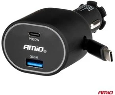 Greitas automobilinis įkroviklis 3.0 su 30W USB-C ištraukiamu kabeliu PD20W AMIO-04176