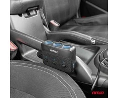 Trijų lizdų prailgintojas su įkrovikliu, ON/OFF mygtuku ir LED indikatoriumi 2x USB-A 12/24V 100W 70 cm AMIO-04363