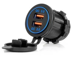 Vandeniui atsparus telefono įkroviklis su mėlynu LED apšvietimu, 2xUSB QC3.0 12/24V AMIO-04218