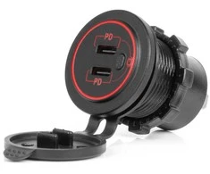 Vandeniui atsparus telefono įkroviklis su jungikliu ir raudonu LED pašvietimu, 2xUSB-C 12/24V AMIO-04224