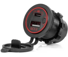 Vandeniui atsparus telefono įkroviklis su raudonu LED apšvietimu, 2xUSB QC3.0 12/24V AMIO-04221